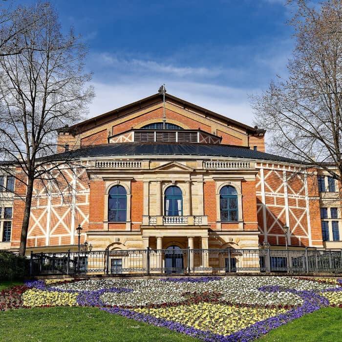 A front view of the Festspielhaus in Bayreuth.