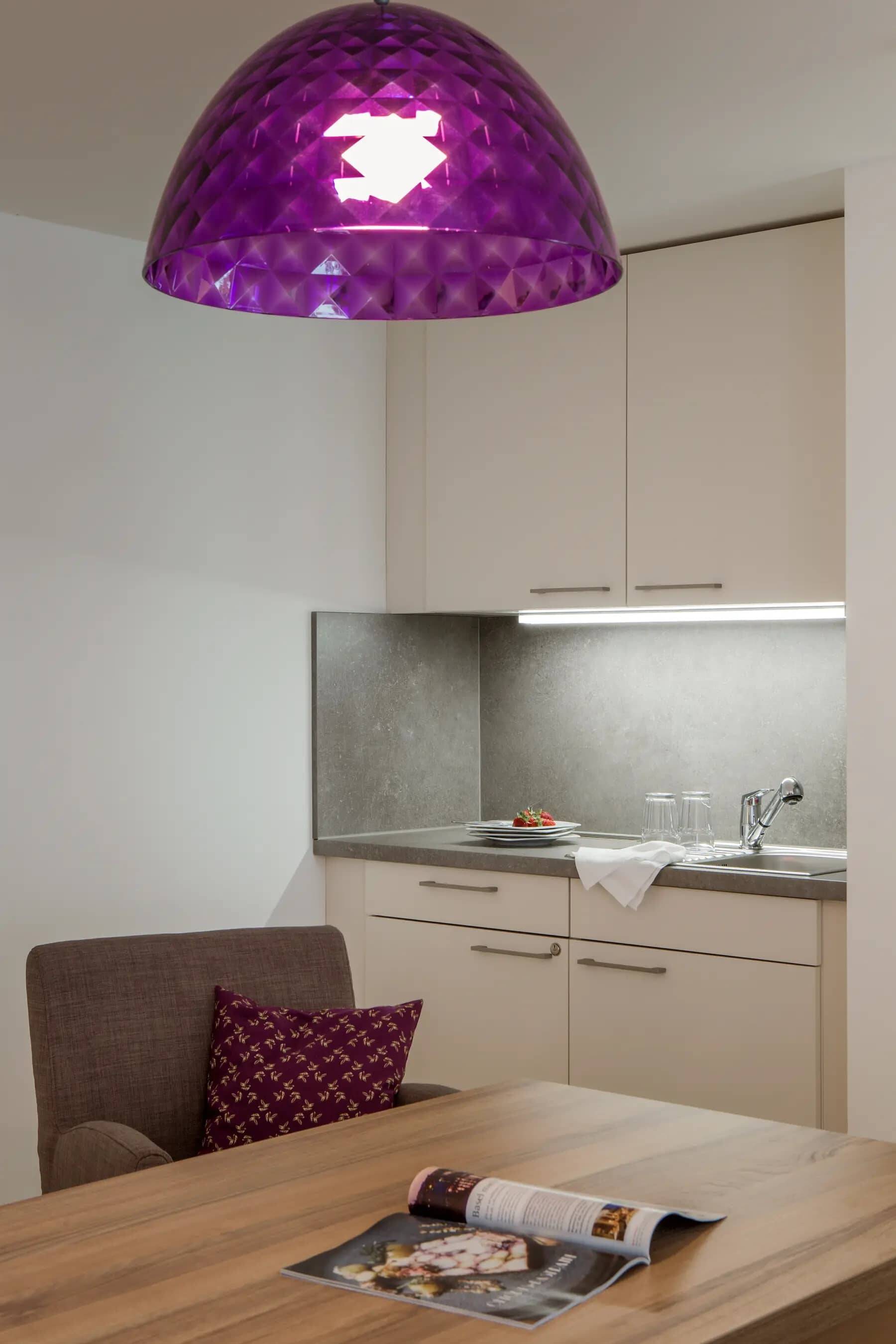 Der Esstisch mit der kleinen Küchenzeile im Hintergrund im Apartment der Hollerhöfe.