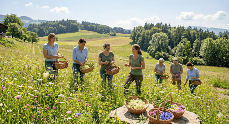 Gruppe sammelt essbare Wildpflanzen und Blüten in blühender Sommerwiese mit Körben – Wildpflanzen-Gourmetkochkurs in den Hollerhöfen Waldeck