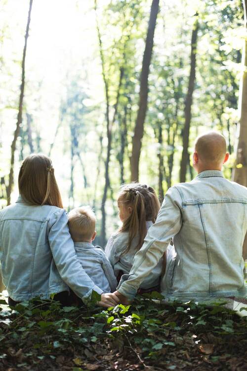 Eine vierköpfige Familie sitzend im Wald, von hinten fotografiert, Mutter und Vater halten sich hinter den beiden Kindern an der Hand. Das Foto dient als Beispielbild für ein Angebot für Familienurlaube.